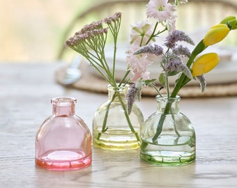 Spring Coloured Glass Bud Vase, Set of 3 Pastel Pink Yellow & Green Table Decorations