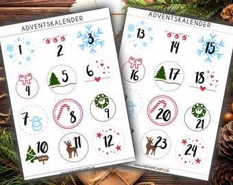 Adventskalender Sticker | Zahlen 1 - 24 | bunte Motive | schwarz, weiß | Adventskalenderaufkleber | Weihnachten