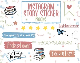Instagram Stories Stickers | bookstagram | book, books, read | 40 pieces | Font, design elements, frames | neutral, blue, green, yellow, red
