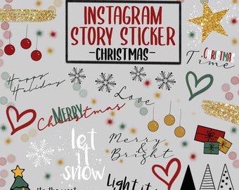 Instagram Story Stickers | Christmas | 55 pieces | Font, Design Elements, Backgrounds, Frames | black, white, red, green, gold, yellow