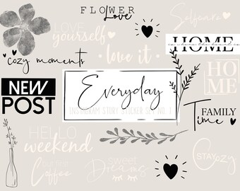 Instagram Story Sticker | 40 Stück | everday, Alltag | Schrift, Design Elemente | Basic Set | schwarz, weiß, Glitzer