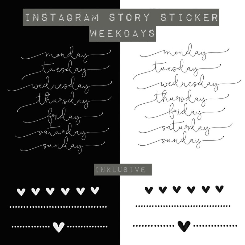 20 St U00fcck Wochentag Wochentage Schwarz Wei U00df Schriftzug Basic Set Weekdays Instagram Story Sticker Digital Drawing Illustration Aloli Ru
