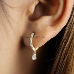Pear Colorless Moissanite Earrings Huggie Hoop Dangle Earrings Bridal Earrings Yellow Gold Earrings Anniversary Gift For Women GR428