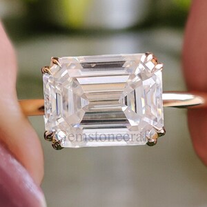 East To West Setting Ring Emerald Shape Engagement Ring Thin Band Solitaire Wedding Band Promise Ring 14K Yellow Gold Gift for Her  GR122