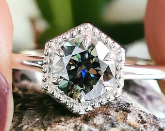 0.85 CT Round Green Moissanite Engagement Ring, Hexagonal Design with Milgrain, Wedding Ring, Gold Ring, Solitaire Ring, Unique Design GR14