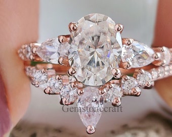 Oval cut Moissanite Engagement Ring set,Stacking ring.14K/18K Rose Gold,vintage Unique pear diamond Cluster ring, wedding Bridal ring GR199