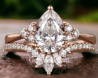 2.00 CT Pear Shaped Moissanite Bridal Set Moissanite Engagement Ring Rose Gold Cluster Wedding Women Unique Marquise Moissanite Band GR196