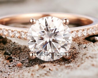 Moissanite Engagement Ring, Round Cut 1.00 CT Moissanite Diamond Ring Art Wedding Ring, 14k Rose Gold Promise Ring Half Eternity Ring GR205