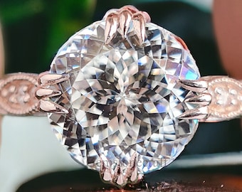 Vintage Style Engagement Ring 2.26 TW Portuguese Cut Moissanite Fishtail Prong Ring Wedding Ring for Women Cathedral Milgrain Ring GR09