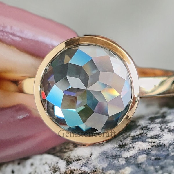 Two-Tone Bezel Engagement Ring  2.30 CT Blue Green Moissanite with Rose Cut in Mixed Metals GR70