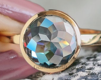 Round Rose Cut Moissanite Bezel Set Engagement Ring 2.35 ct Blue Green Moissanite Round Rose Cut Yellow Gold Silver Ring Gift For Her GR70