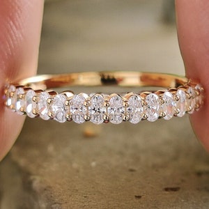 Oval Cut Moissanite Wedding Band Women Yellow Gold Unique Half Eternity ...