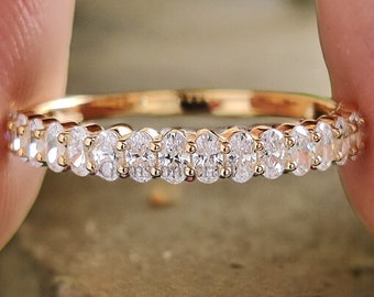 Oval cut Moissanite wedding band women yellow gold Unique Half eternity wedding band vintage Stacking Matching bridal gift for her  GR42