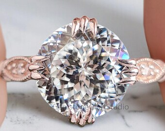 Vintage Style Engagement Ring 2.26 TW Portuguese Cut Moissanite Fishtail Prong Ring Wedding Ring for Women Cathedral Milgrain Ring GR09