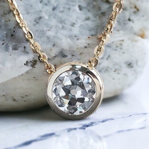 1 Carat Round Old European Cut Moissanite Lab Grown Bezel Floating Pendant Necklace With Chain 14k Yellow Gold Wedding Gift For Her GR158