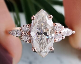 Marquise cut Moissanite engagement ring vintage yellow gold Unique Cluster engagement ring women diamond wedding Anniversary gift GR192