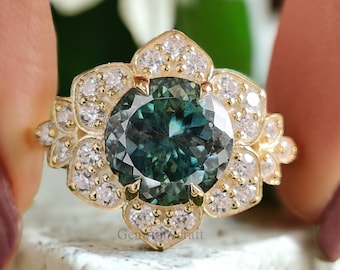 Portuguese Round 8 mm Blue Moissanite Engagement Ring Yellow Gold Vintage Ring Anniversary Ring Gift Blue Moissanite Wedding Ring GR85
