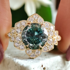 Portuguese Round 8 mm Blue Moissanite Engagement Ring Yellow Gold Vintage Ring Anniversary Ring Gift Blue Moissanite Wedding Ring GR85