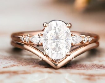 Oval shaped Moissanite Engagement Ring set Solid Rose Gold Moissanite ring Vintage Chevron ring,V Shape band,Minimalist Wedding Gift GR151