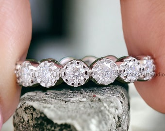 2.45 MM Round Brilliant Cut Colorless Moissanite Bezel Set Band, Milgrain Setting, Wedding Band, Full Eternity Band, Anniversary gift GR103