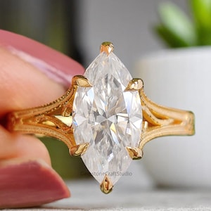 1.15 CT Marquise Cut Moissanite Engagement Ring Filigree Wedding Ring Solitaire Ring Bridal Promise Ring Yellow Gold Ring Gift For Her GR465