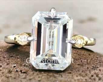 Antique Vintage Ring 4.20 CT Emerald Cut Colorless Moissanite Engagement Ring Unique Wedding Ring Anniversary Gift Ring Two-Tone Ring GR126