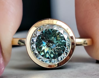 2.25 Portuguese Round Cut Green Moissanite Engagement Ring Bezel Set Solitaire Wedding Ring Anniversary Ring Yellow Gold Wedding Ring GR395
