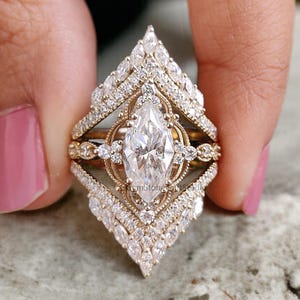Marquise Moissanite Bridal Set 2pcs Moissanite Cage Ring Unique Engagement Ring Yellow Gold Vintage Wrap Ring Bridal Anniversary Ring GR402