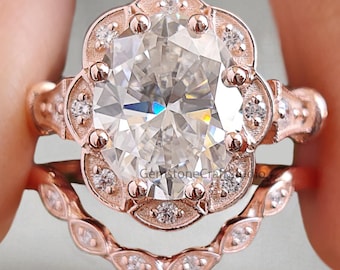 Oval Cut Moissanite Engagement Ring Set 2.40 CT Colorless Oval vintage style Halo Set Wedding Ring For Women Anniversary Bridal Ring GR369