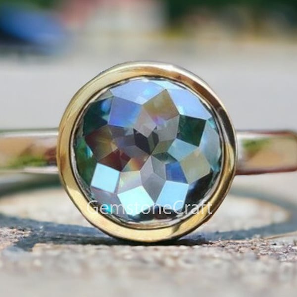 Two-Tone Bezel Engagement Ring  2.30 CT Blue Green Moissanite with Rose Cut in Mixed Metals GR70