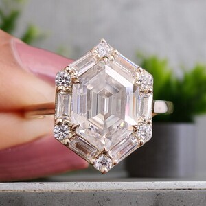 2.35 CT Hexagon Cut Moissanite Engagement Ring with Side Baguette Moissanite Ring Yellow Gold Ring Bridal Anniversary Gift For Her GR405