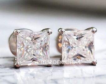 Princess Cut Earrings in 14k White Gold With Screw Back Studs for Women, VVS Clarity Colorless Moissanite GR39