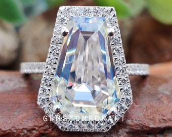 Coffin Cut Moissanite Engagement Ring, Halo Diamond Ring, 5.87CT Geometric Diamond Ring, Unique Bridal Ring, Anniversary Gift For Her GR531