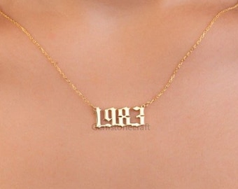 Custom Gold Birth Year Necklace: Personalized Name Option, Perfect for Her or Bridesmaid Gifts, Featuring Old English Number Design GR142