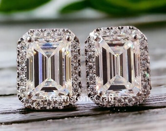 4.55 TCW Emerald Cut Colorless Moissanite Halo Earrings Push Back/Screw Back Earrings Wedding Stud Earrings for Women Anniversary Gift GR187