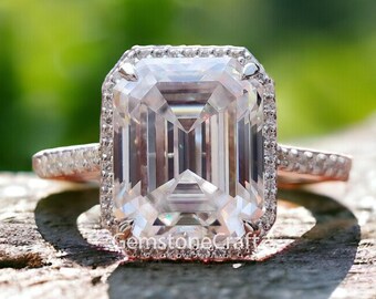 Emerald cut halo engagement rings with 14k white gold, Hidden Halo Ring in 5.50 carat Vvs Clarity Moissanite GR188