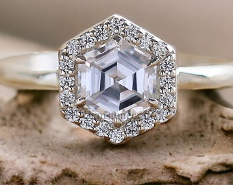 1,04 carat, Bague hexagonale, Bague de fiançailles hexagonale, Bague hexagonale en moissanite, Bague taille hexagonale, Bague diamant hexagonale, Bague en moissanite GR458