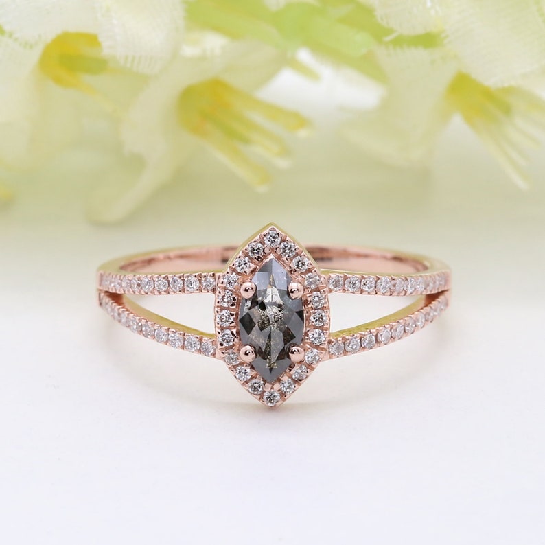 Salt and Pepper Marquise Diamond Ring 14K Solid Rose White Etsy