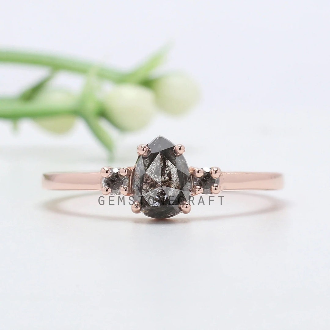 Salt and Pepper Pear Diamond Ring Natural Pear Diamond Ring Etsy
