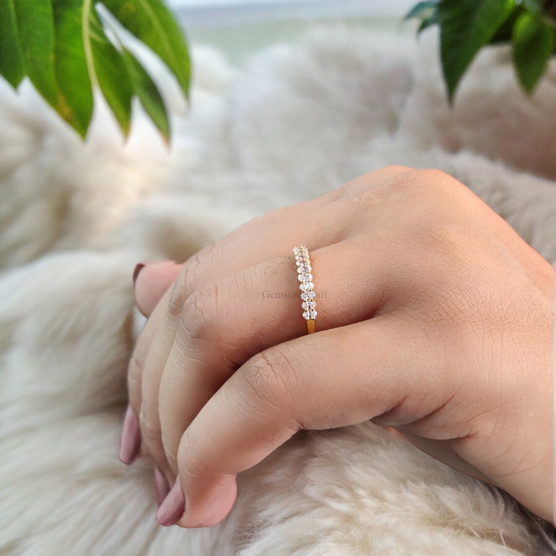 Oval Cut Moissanite Wedding Band Women Yellow Gold Unique Half Eternity ...