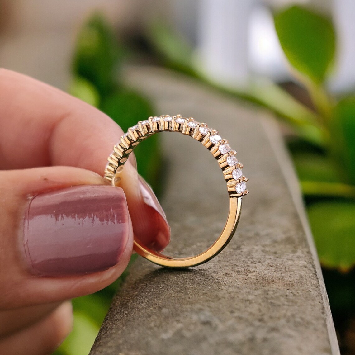 Oval Cut Moissanite Wedding Band Women Yellow Gold Unique Half Eternity ...