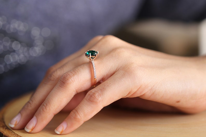 Green Emerald Round Stone Ring 14K Solid Rose Yellow White Gold Sterling Silver Engagement Wedding Gift Ring GR413