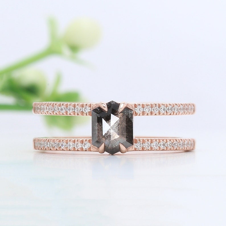 Salt and Pepper Hexagon Cut Diamond Ring 14K Solid Rose White Etsy