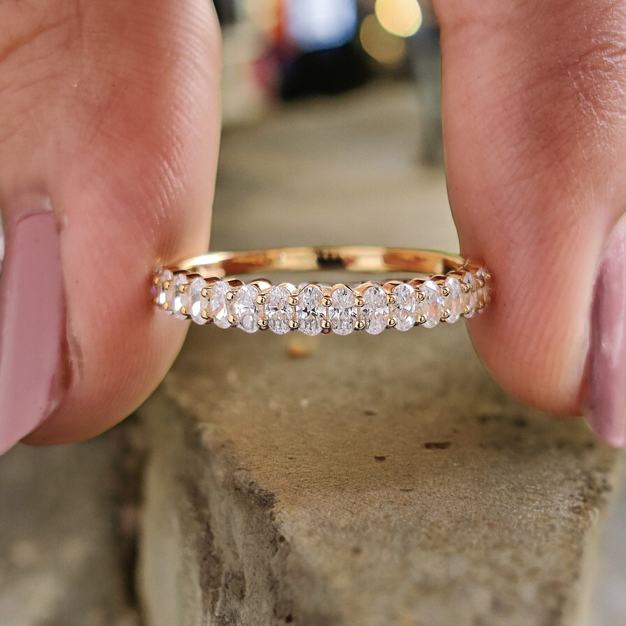 Oval Cut Moissanite Wedding Band Women Yellow Gold Unique Half Eternity ...