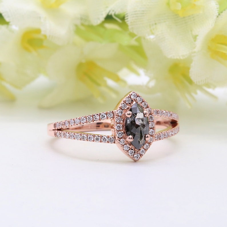 Salt and Pepper Marquise Diamond Ring 14K Solid Rose White Etsy