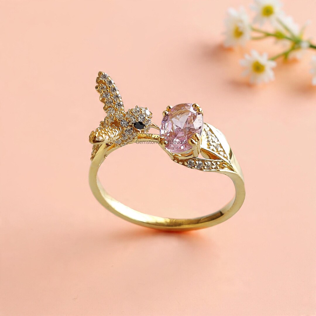 Pink Flying Rings Oval Pink Simulated Diamond Bird Ring, Yellow Gold Plated Engagement ...