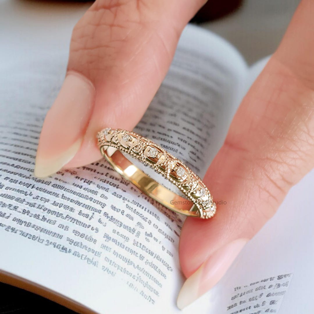 Half Eternity Band Vintage Lab Grown Diamond Wedding Band 14K Solid ...
