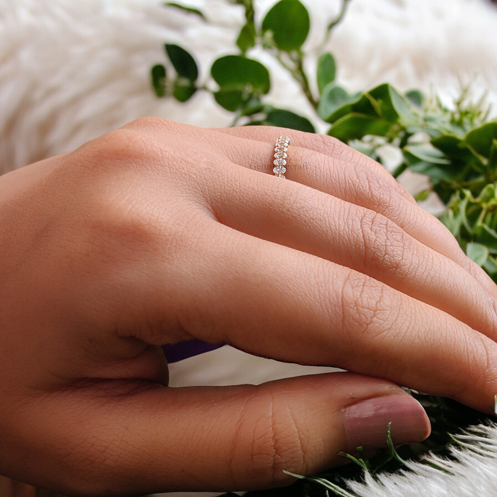 Oval Cut Moissanite Wedding Band Women Yellow Gold Unique Half Eternity ...