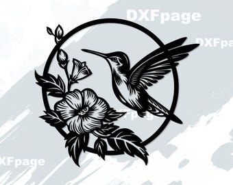 Hummingbird Laser Cut SVG, Flower Wall Art Plywood Design, Metal Garden Decor DXF, Bird Silhouette Cut File, Glowforge CNC, Wood Engraving