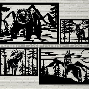 Scène de la faune, pochoir DXF, fichier svg pour cricut, fichiers dxf pour plasma cnc, découpé au laser, animaux vectoriels, décoration murale en bois, panneaux métalliques